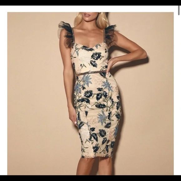 Lulus Show Stopper Cream Embroidered Sequin Bodycon Midi Dress XS